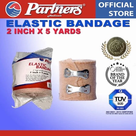 Partners Elastic Bandage 2 inch x 5 yards (High Elasticity) with Hook Closure