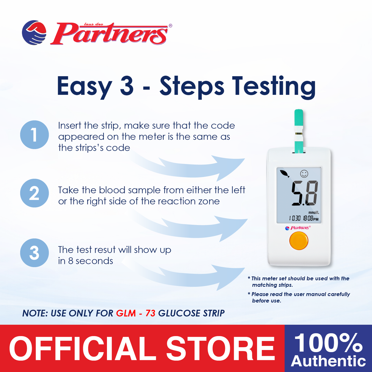 Partners GlucoLeader Value Blood Glucose Meter Model: GLM-73 w/ Glucose Test Strip
