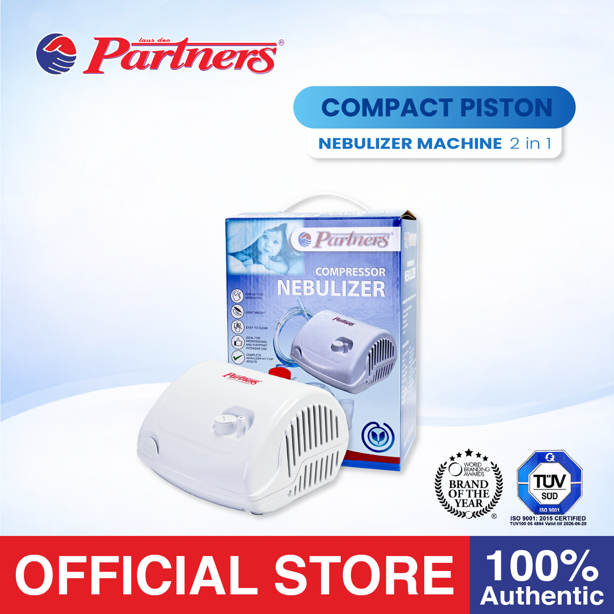 PARTNERS Compact Compressor Nebulizer Piston with 1pc Nebulizer Kit, 1pc Nebulizer Mask Adult