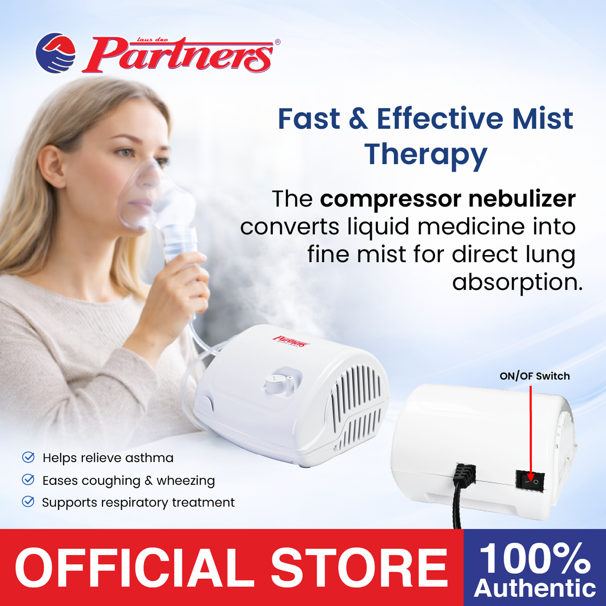 PARTNERS Compact Compressor Nebulizer Piston with 1pc Nebulizer Kit, 1pc Nebulizer Mask Adult