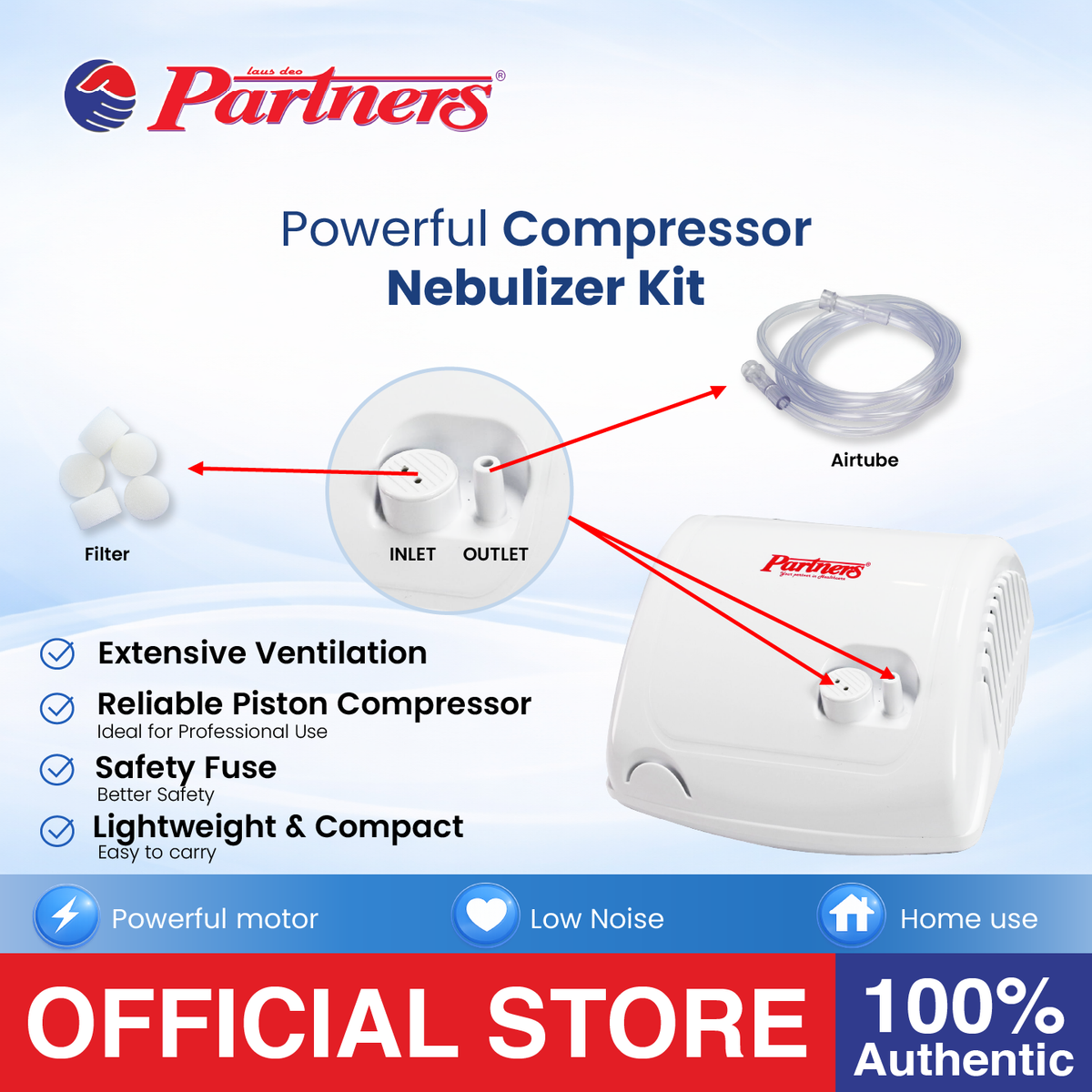 PARTNERS Compact Compressor Nebulizer Piston with 1pc Nebulizer Kit, 1pc Nebulizer Mask Adult