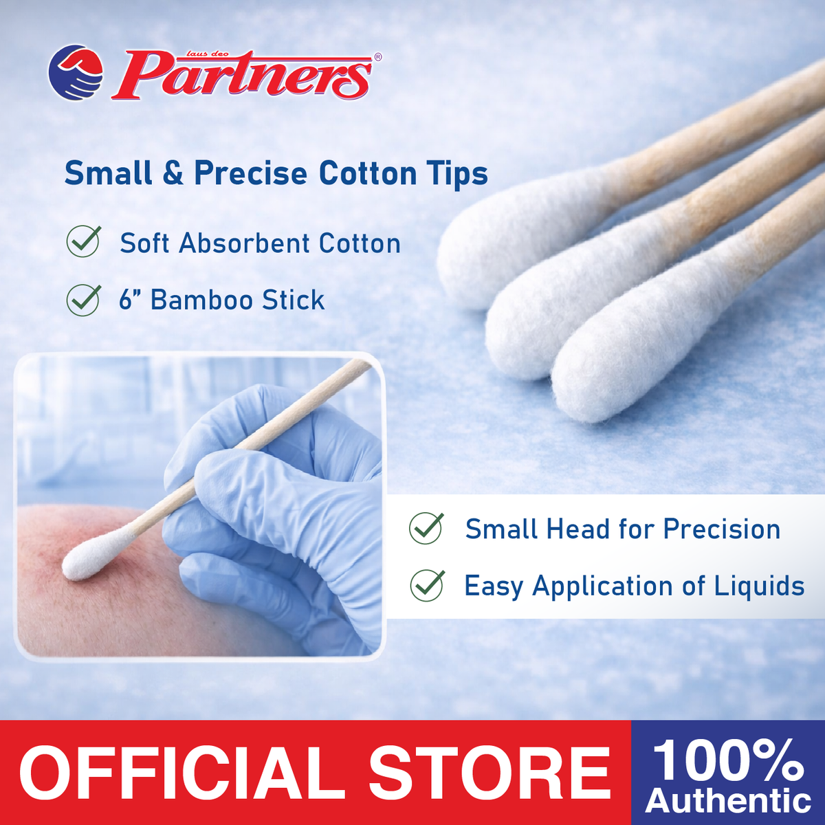 Partners Small Head Cotton Applicator Sticks (100 pcs) - Non Sterile