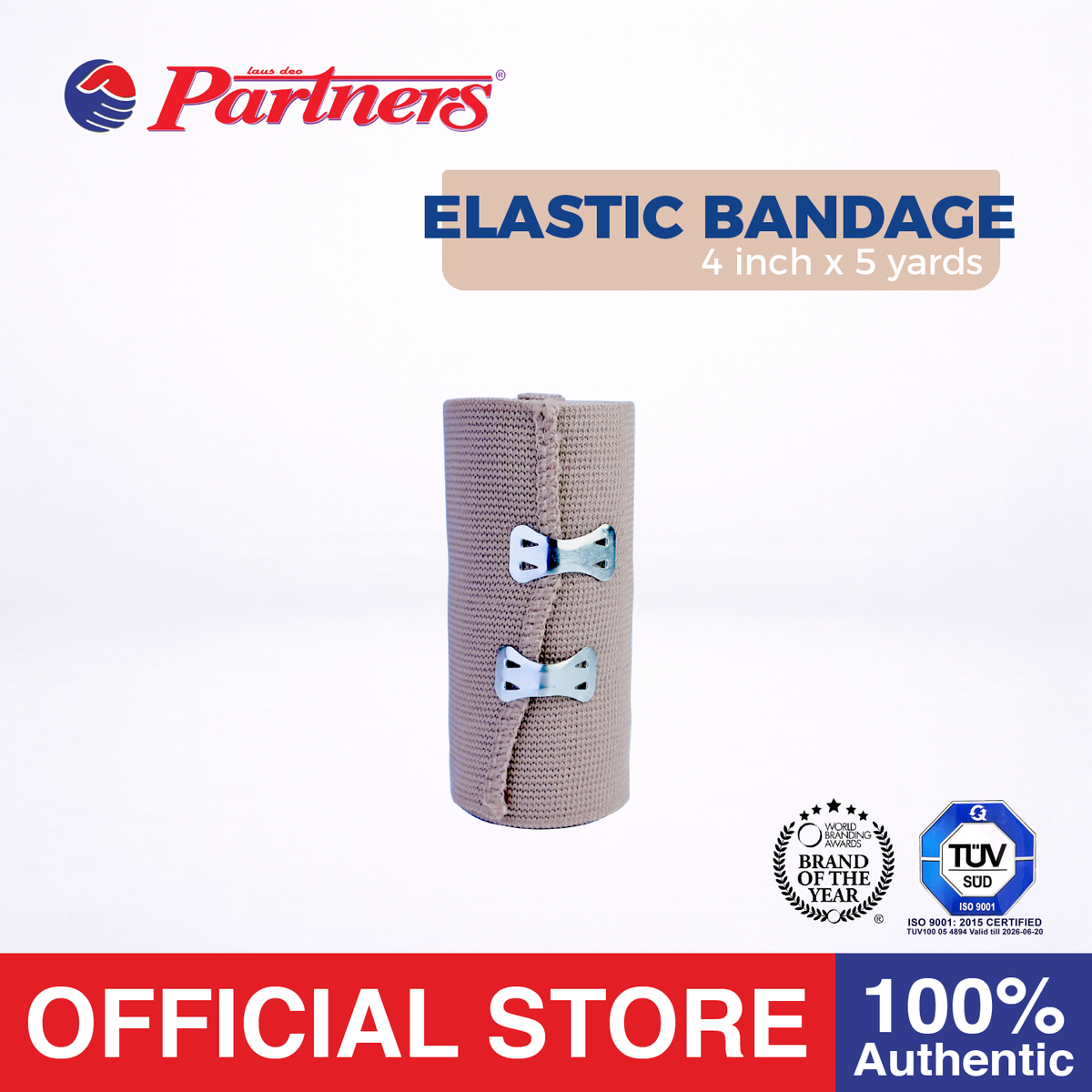 Partners Elastic bandage 4 inch x 5 yards (High Elasticity) with Hook Closure