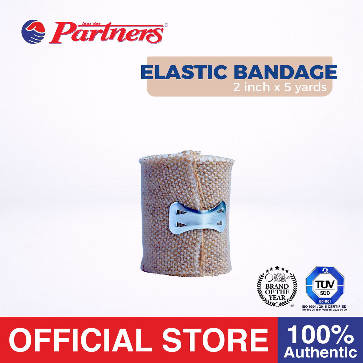 Partners Elastic Bandage 2 inch x 5 yards (High Elasticity) with Hook Closure
