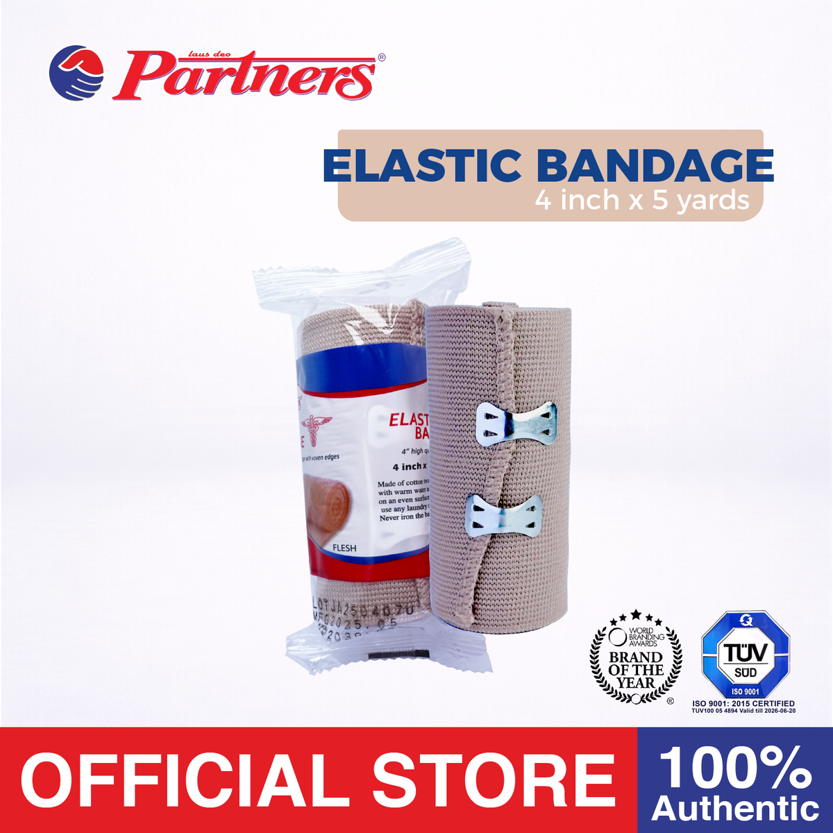 Partners Elastic bandage 4 inch x 5 yards (High Elasticity) with Hook Closure