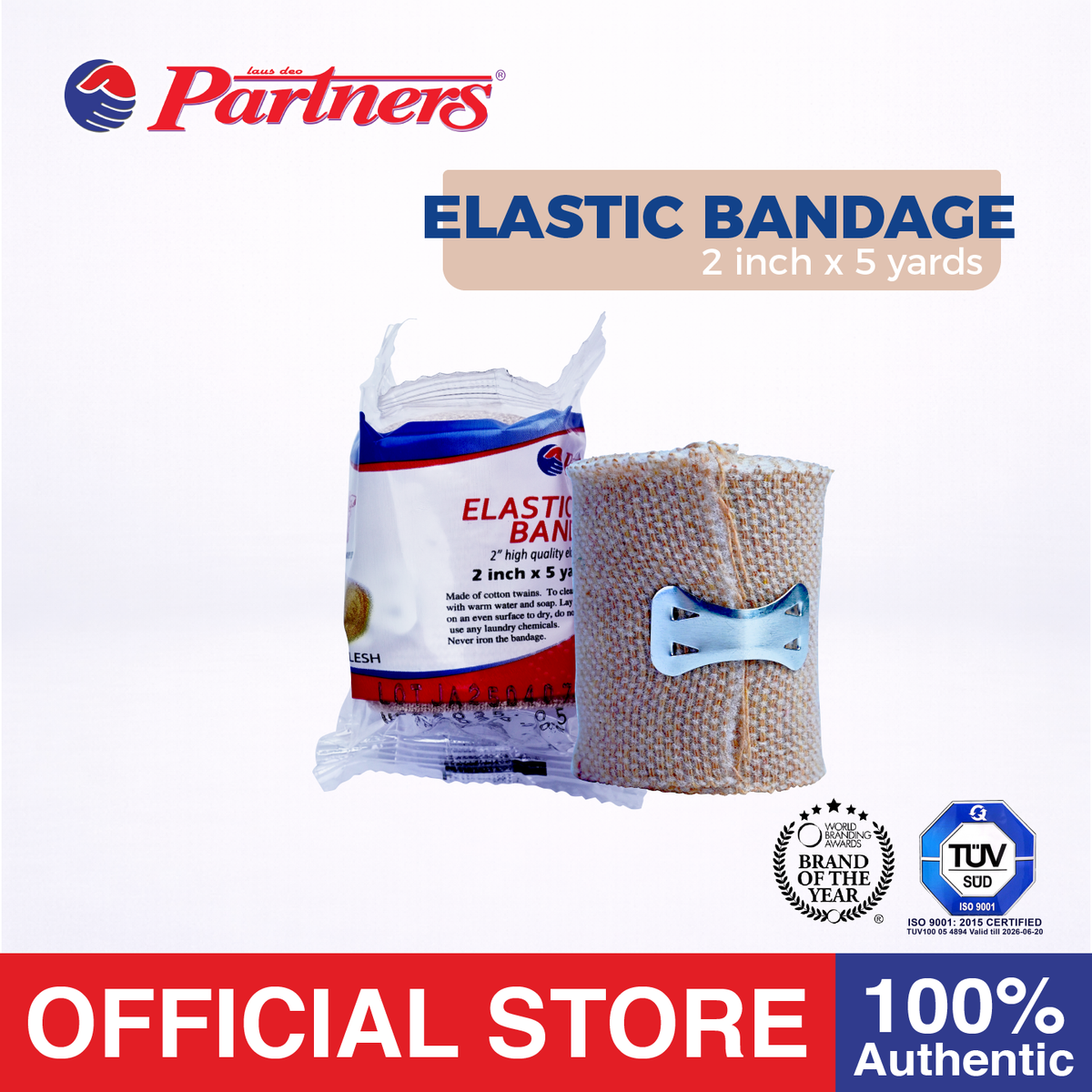 Partners Elastic Bandage 2 inch x 5 yards (High Elasticity) with Hook Closure
