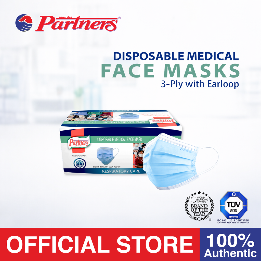 Partners Medical Face Mask 3-PLY with Earloop Disposable 50 Pcs in Box (Blue) - 2 BOXES