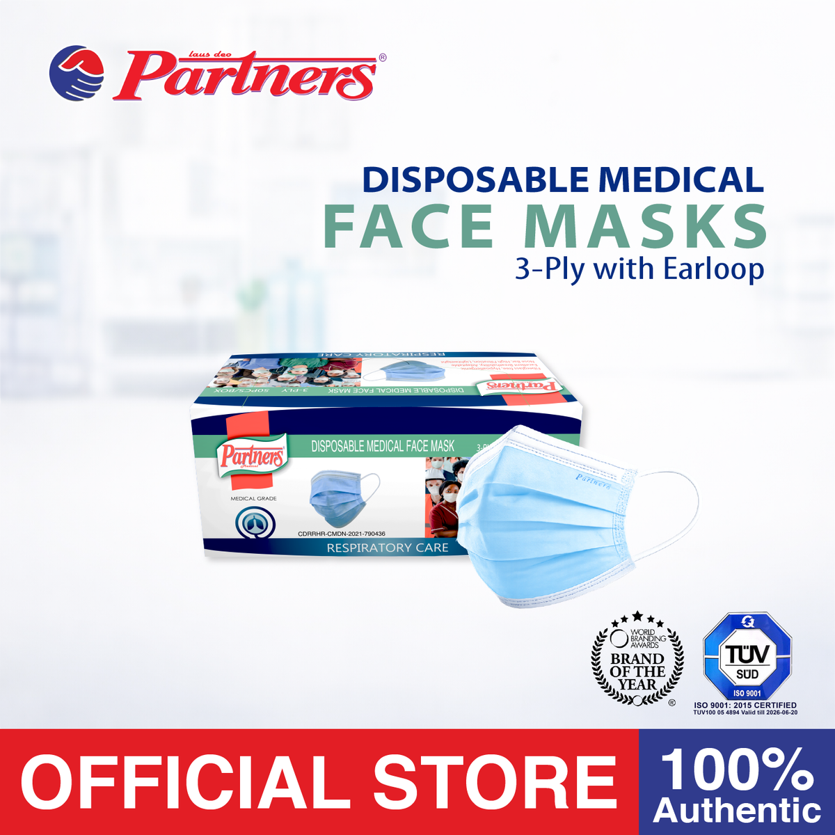 Partners Medical Face Mask 3-PLY with Earloop Disposable 50 Pcs in Box (Blue) - 1 BOX