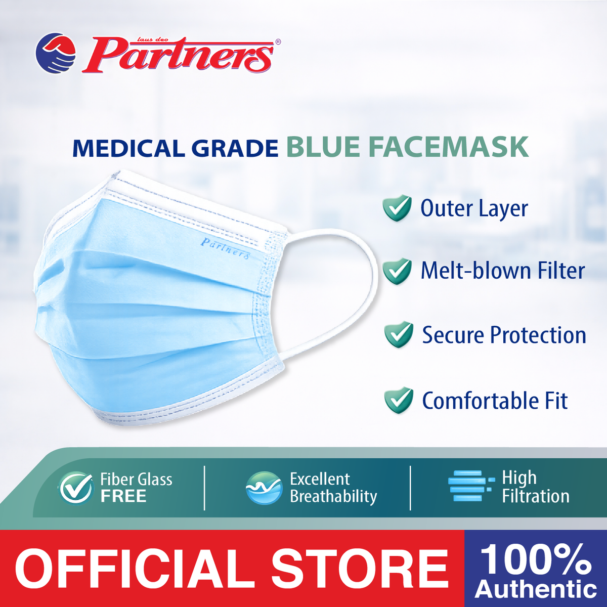 Partners Medical Face Mask 3-PLY with Earloop Disposable 50 Pcs in Box (Blue) - 1 BOX