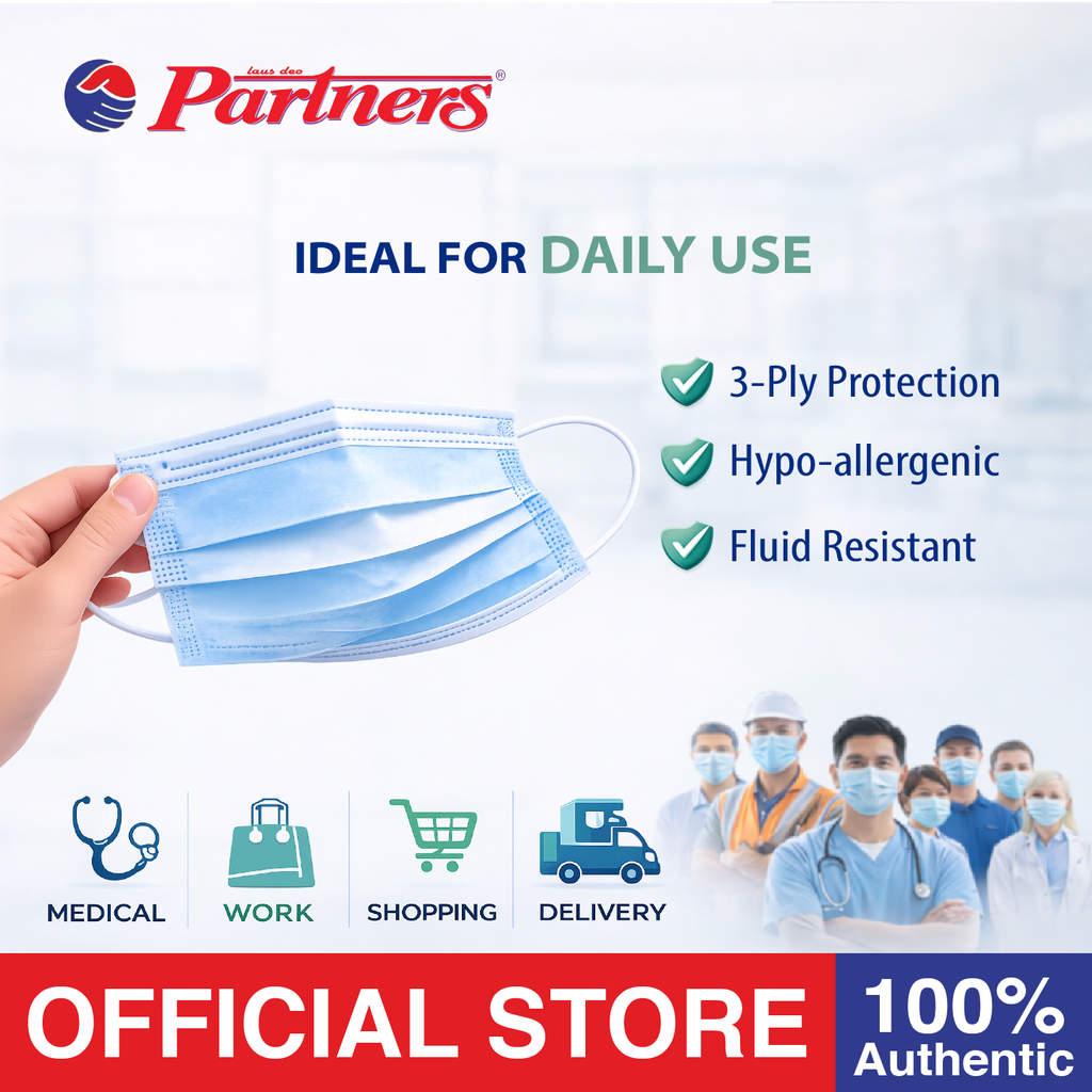 Partners Medical Face Mask 3-PLY with Earloop Disposable 50 Pcs in Box (Blue) - 2 BOXES