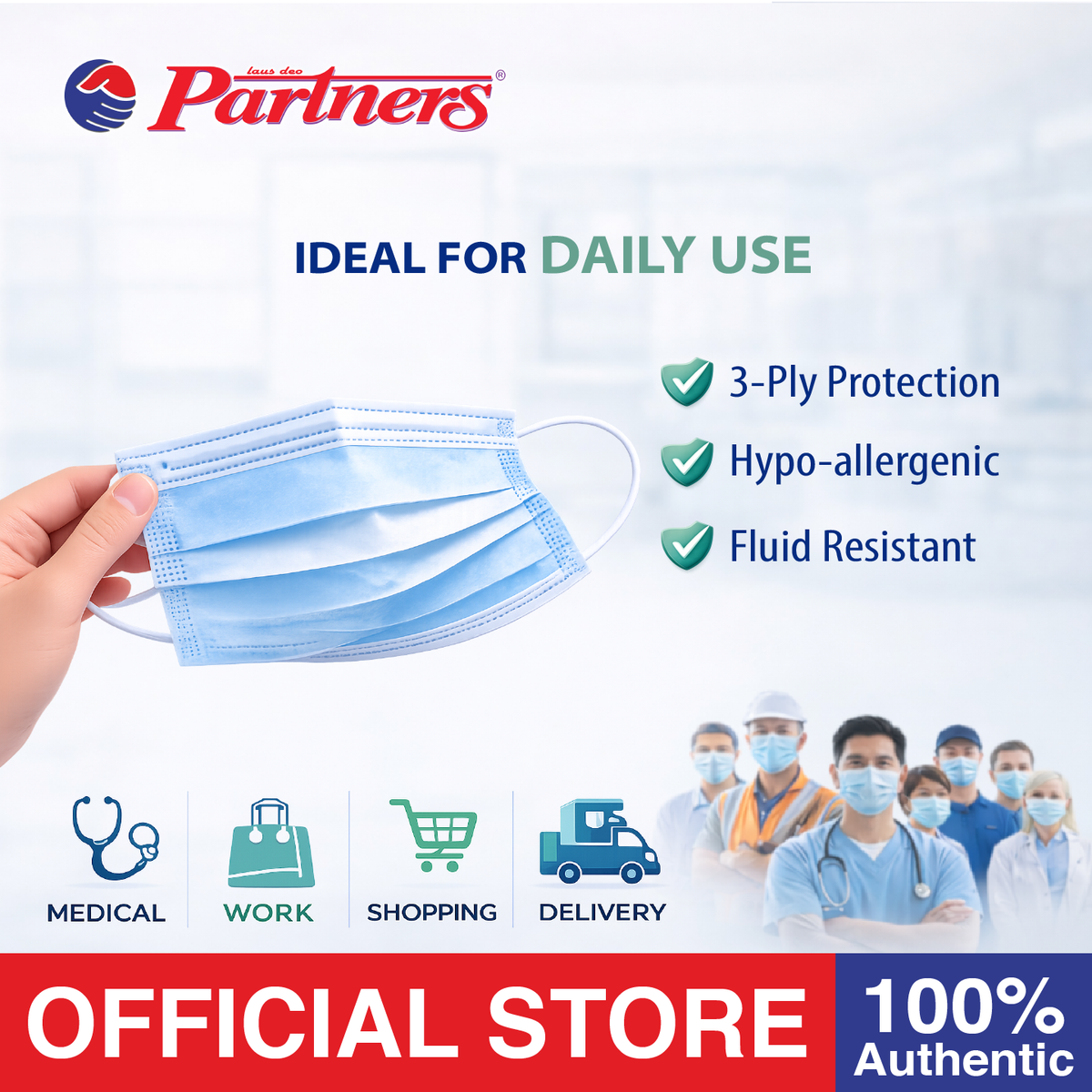 Partners Medical Face Mask 3-PLY with Earloop Disposable 50 Pcs in Box (Blue) - 1 BOX
