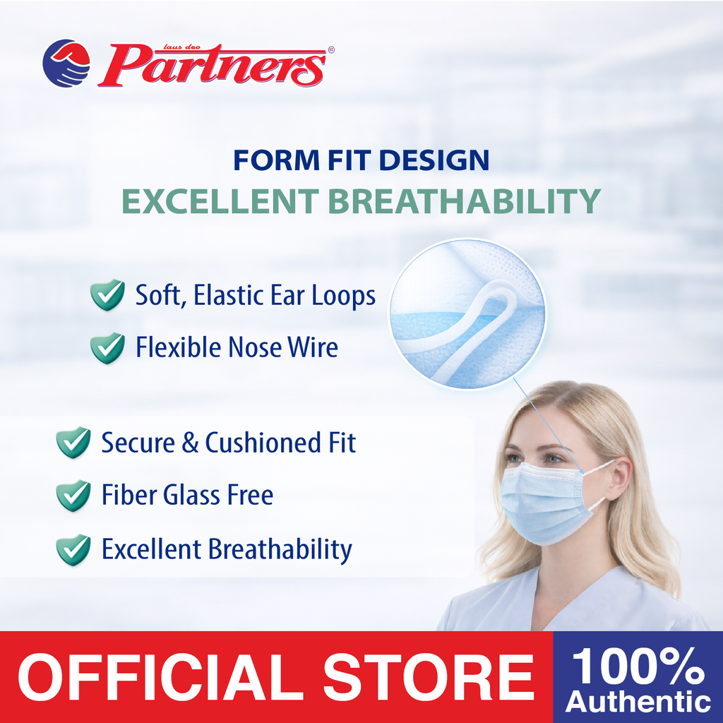 Partners Medical Face Mask 3-PLY with Earloop Disposable 50 Pcs in Box (Blue) - 2 BOXES