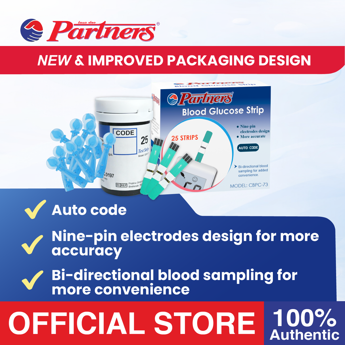 Partners GlucoLeader Value Blood Glucose Test Strip (25 pcs with Free Lancets) AUTOCODE