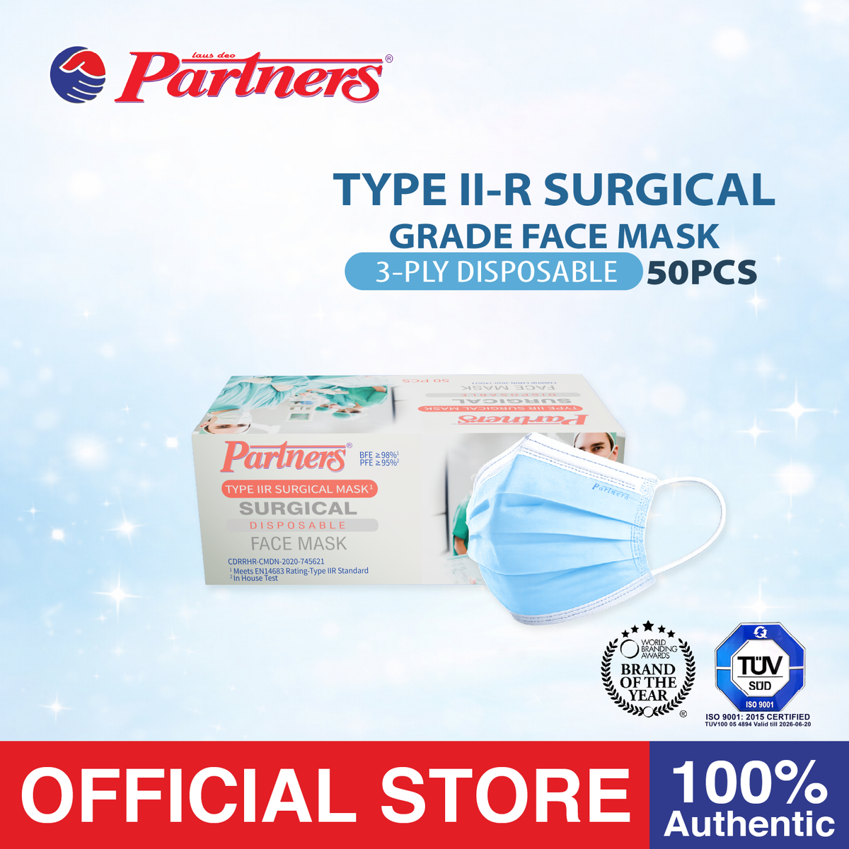 Partners Type II-R Surgical Grade Face Mask Earloop 3ply Disposable - 1 box - Blue