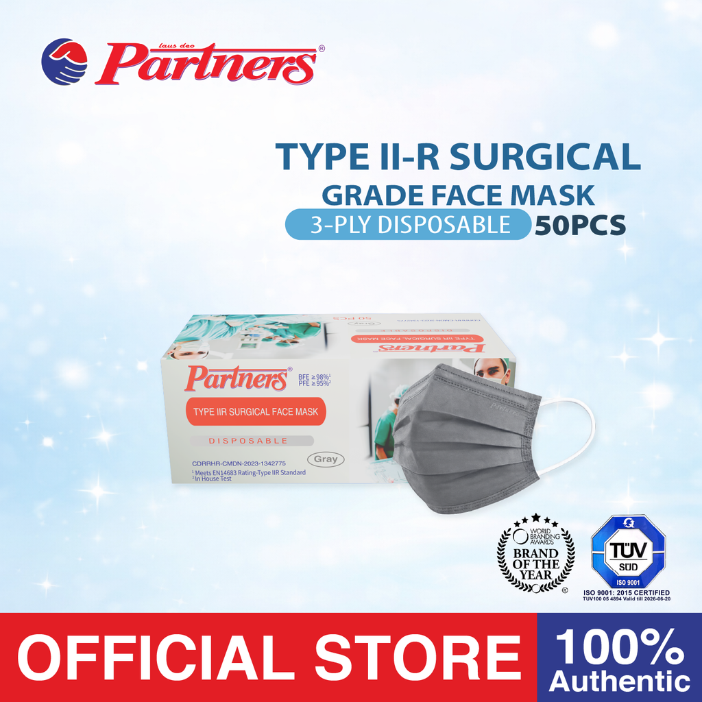 Partners Type II-R Surgical Grade Face Mask Earloop 3ply Disposable - 1 box - Gray