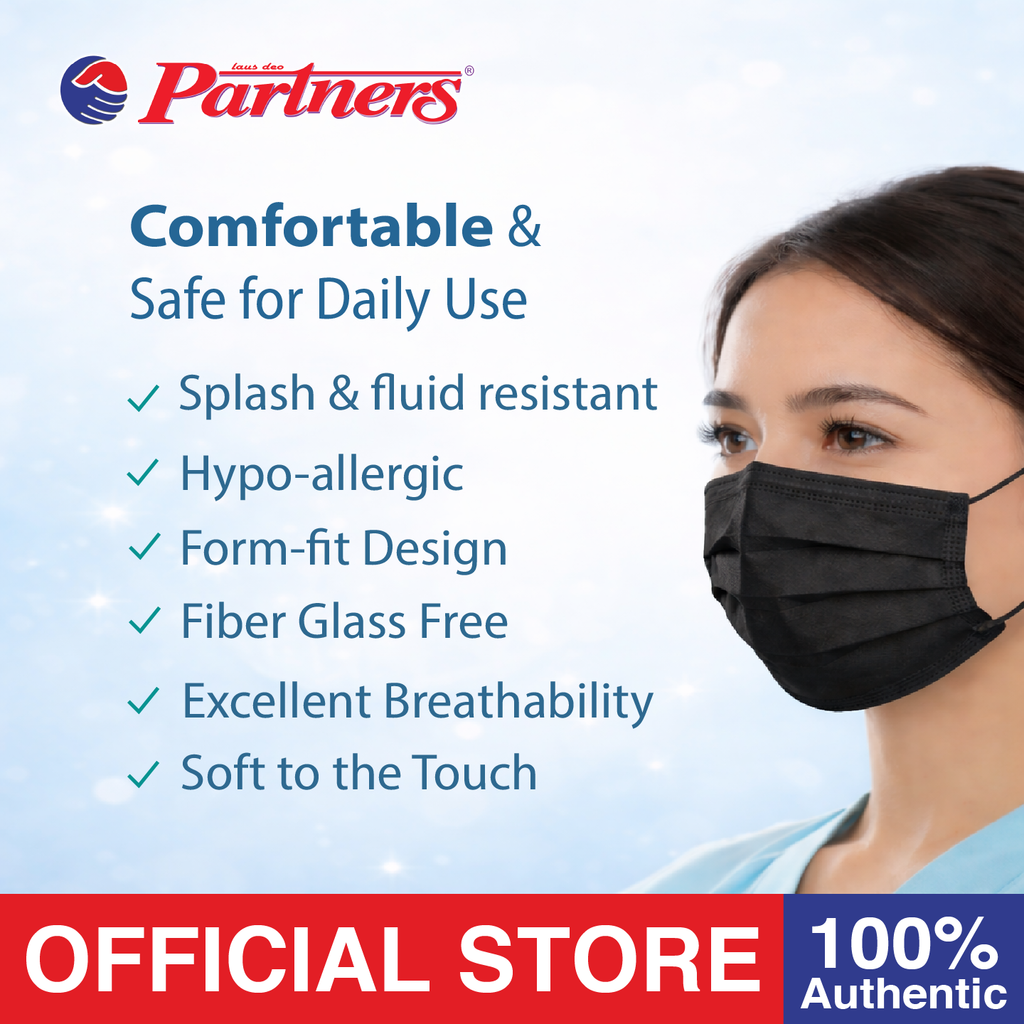 Partners Type II-R Surgical Grade Face Mask Earloop 3ply Disposable - 1 box - Black