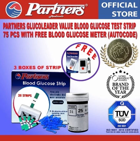 Partners GlucoLeader Value Blood Glucose Test Strip 75 pcs with Free Blood Glucose Meter (Autocode)