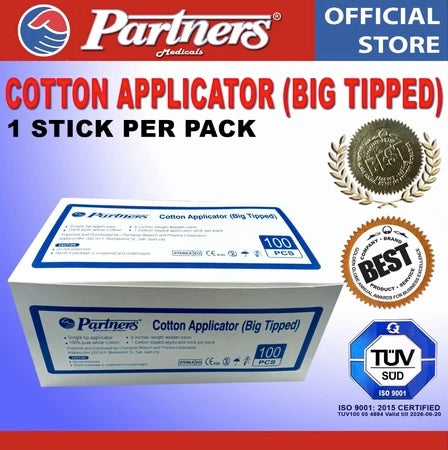 Partners Cotton Applicator Sticks Big Tipped (100 Packs, 1 pc/pck) - Sterile