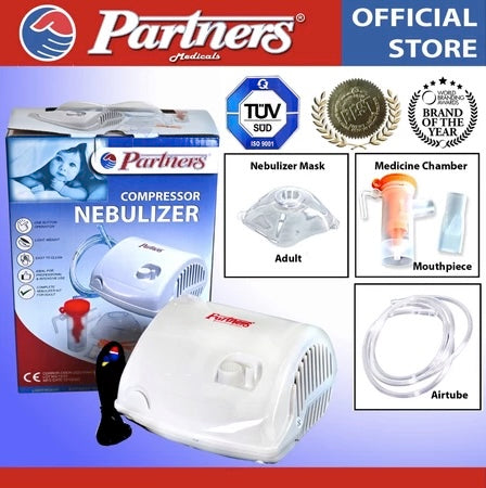 PARTNERS Compact Compressor Nebulizer Piston with 1pc Nebulizer Kit, 1pc Nebulizer Mask Adult
