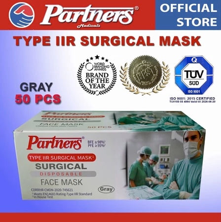 Partners Type II-R Surgical Grade Face Mask Earloop 3ply Disposable - 1 box - Gray