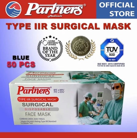 Partners Type II-R Surgical Grade Face Mask Earloop 3ply Disposable - 1 box - Blue