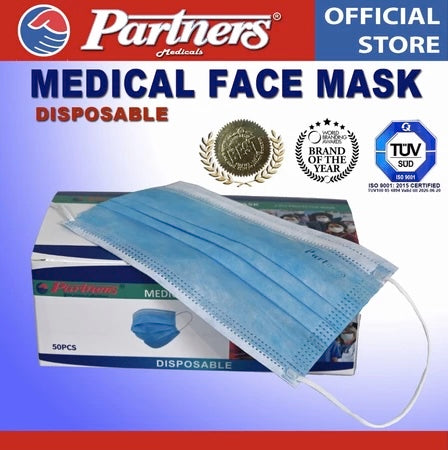 Partners Medical Face Mask 3-PLY with Earloop Disposable 50 Pcs in Box (Blue) - 1 BOX